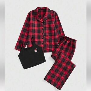 NWOT 3pcs Christmas Red Flannel Plaid Embroidered Loungewear Set, Casual Pajamas